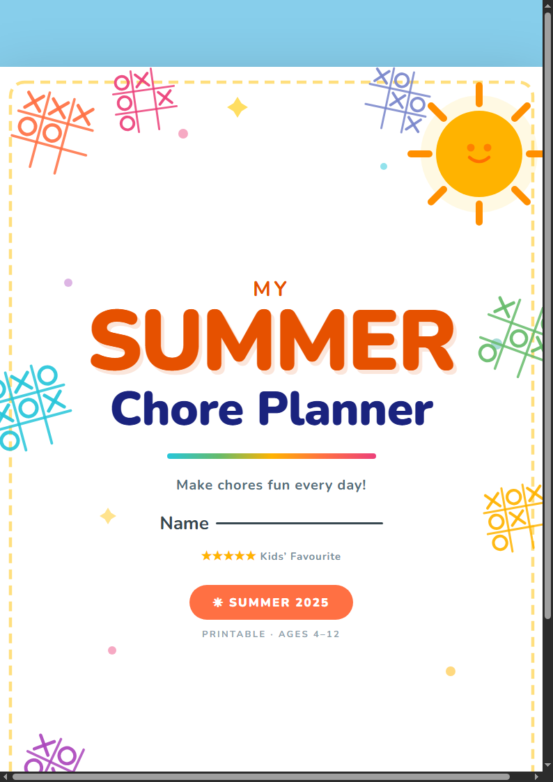 Children's Summer Chore Planner printable cover page